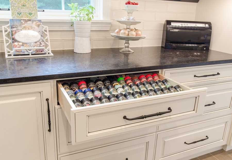 Free up countertop space by installing a built-in spice rack.