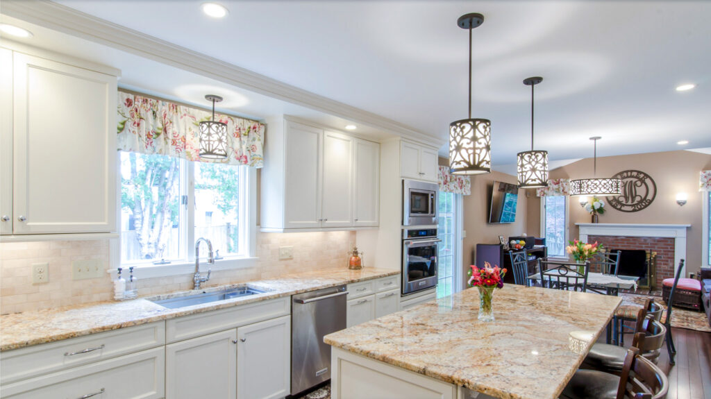 Large White Kitchen with Island, Wet Bar, and Pantry in Lexington Ma